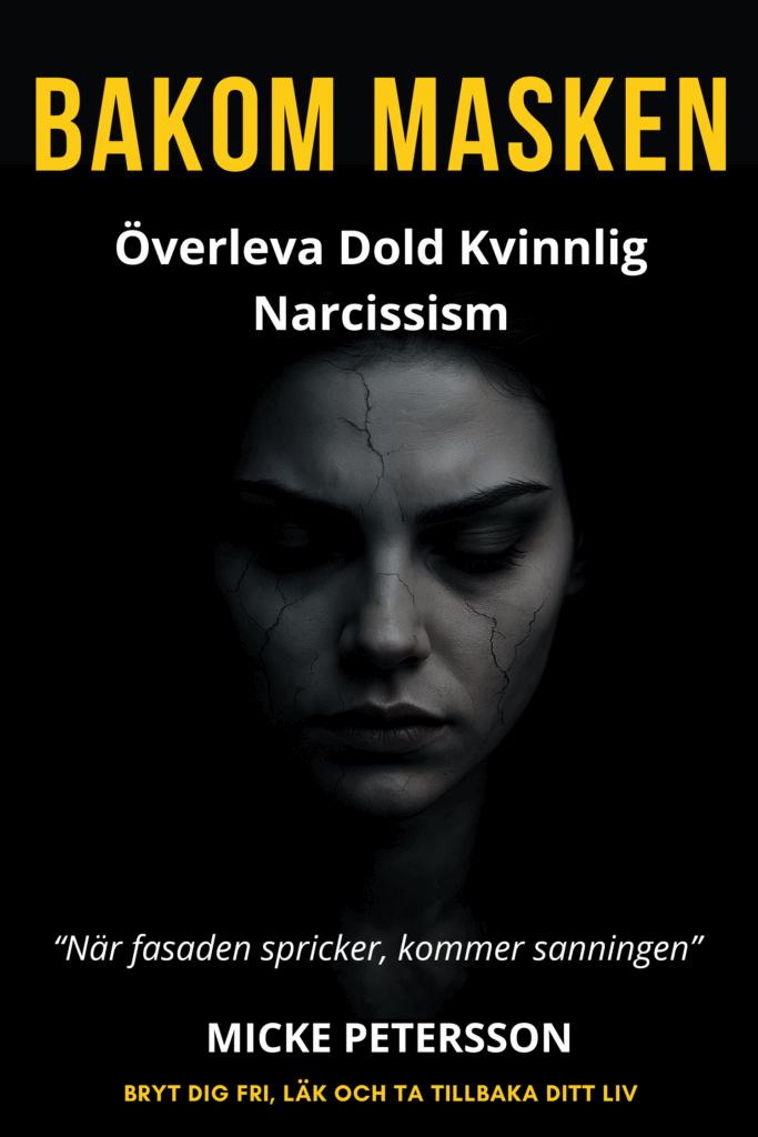 Omslag för boken Bakom masken - överleva dold kvinnlig narcissism. bild av en kvinnas ansikte med sprickor över hela ansiktet